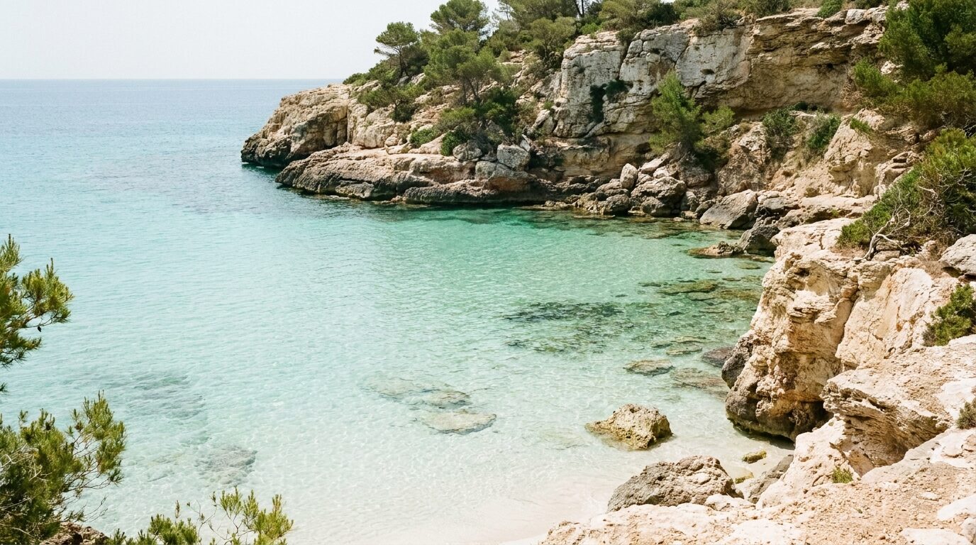 Cala mediterránea de aguas turquesas y roca beige en Formentera, entorno natural de Baobab Boats