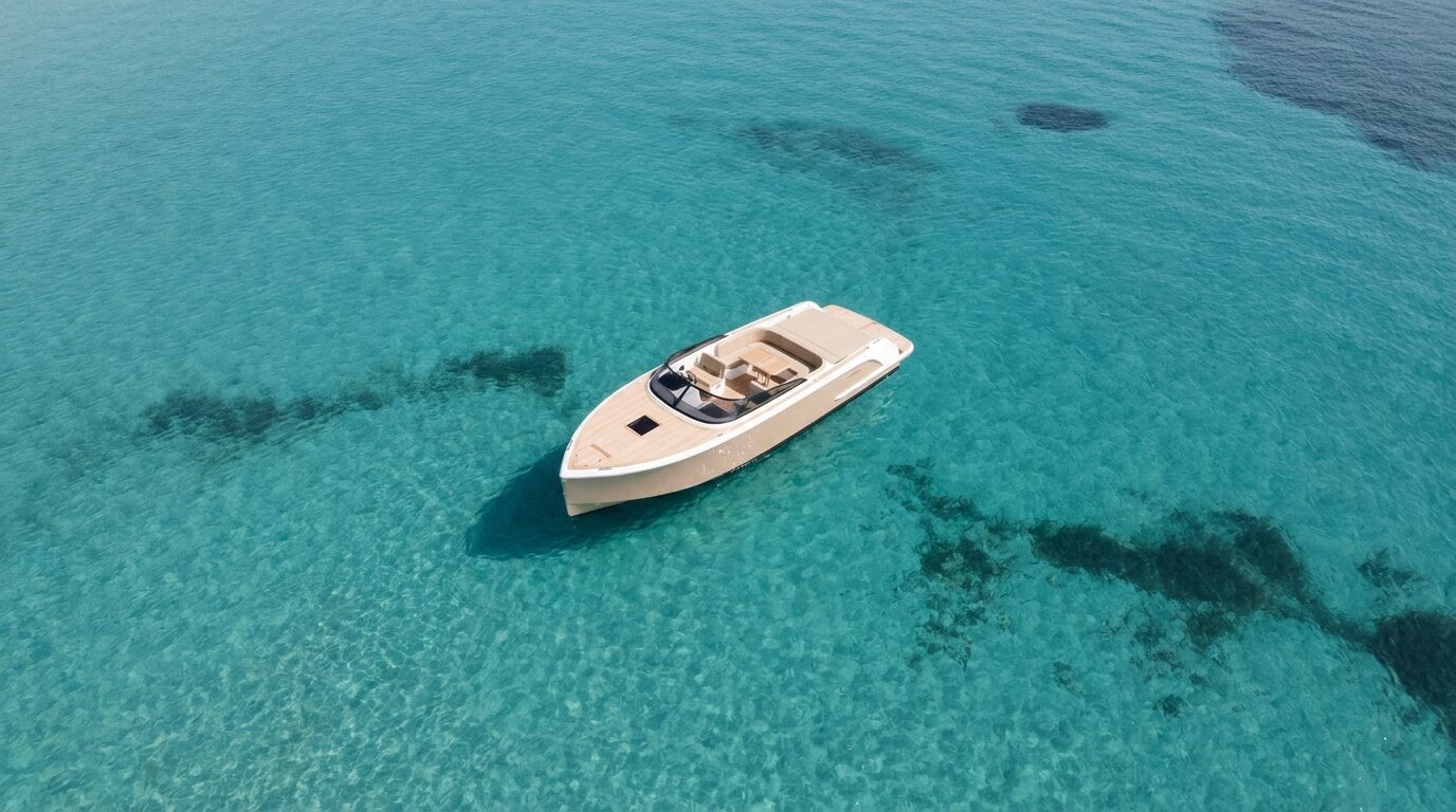 Barco eléctrico Baobab navegando en silencio sobre las aguas turquesas del Mediterráneo