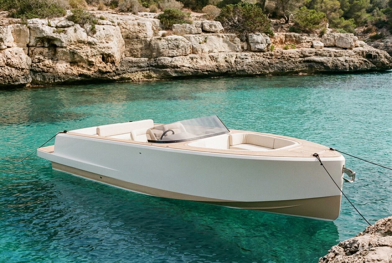 Baobab Cala 6.5, lancha eléctrica day-cruiser fondeada en una cala de aguas turquesas